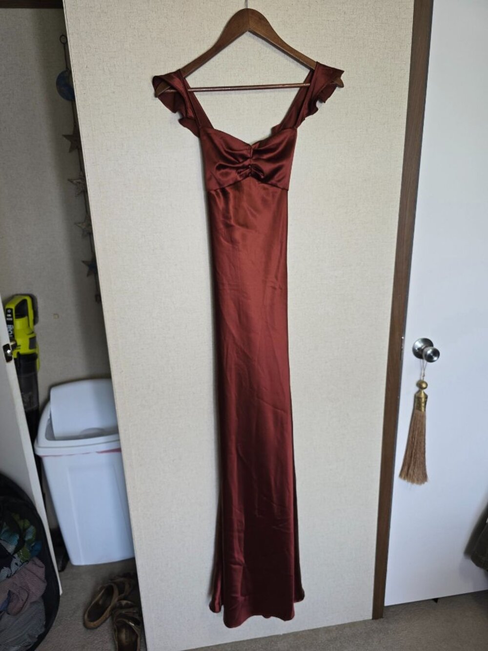 Lulus Small Rust Red Exuberant Luxury Satin Ruffled Lace Up Maxi Dress - Picture 3 of 8